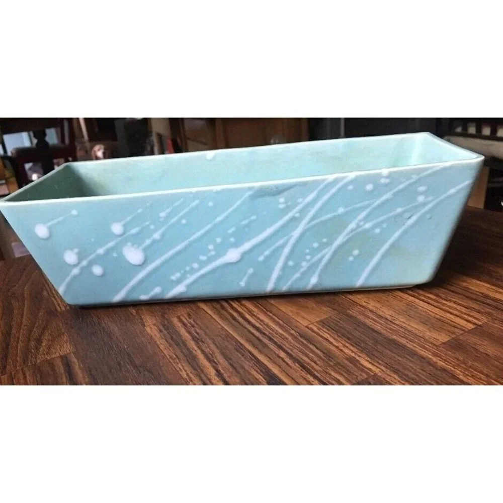 Vintage Rectangular Aqua Seafoam Splatter Cosmic Atomic Planter marked 447 USA